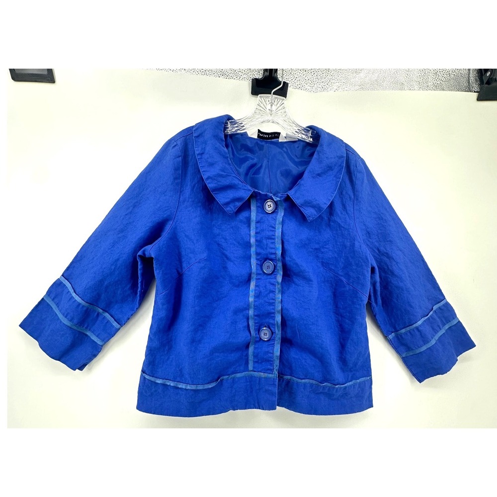 Mandarin Blue Womens XL Royal Blue Linen Jacket 3/4 Sleeve Ribbon Trim Lined